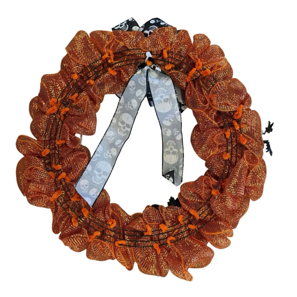 Halloween Orange Deco Mesh Wreath with Skull Ribbon – 24″